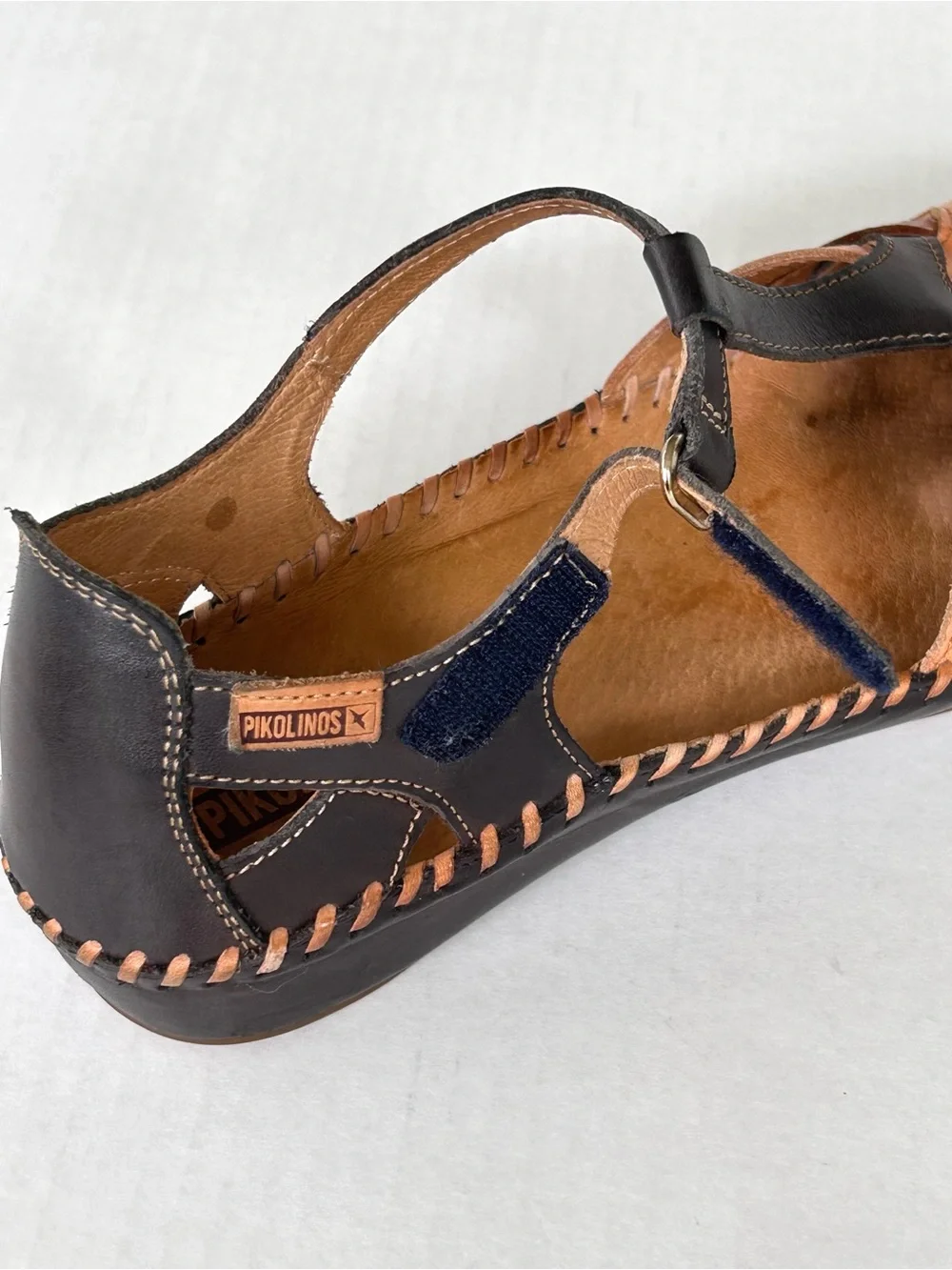 Pikolinos P Vallarta Navy Brown Leather T-Strap Semi Closed Toe Sandals EU 39
